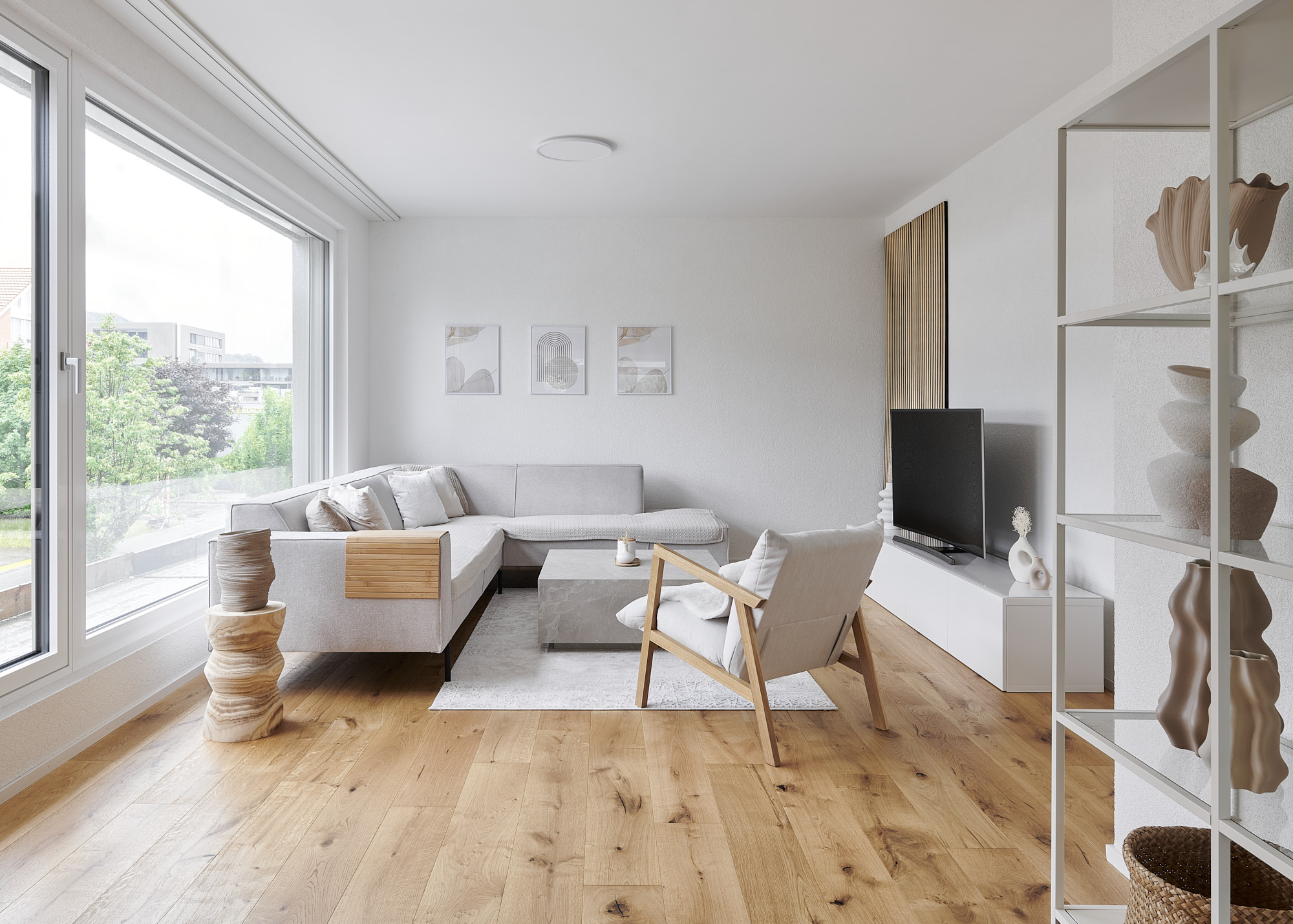 Wohnraum mit Eckfenster und Eichenparkett, Mühlefeld Oensingen