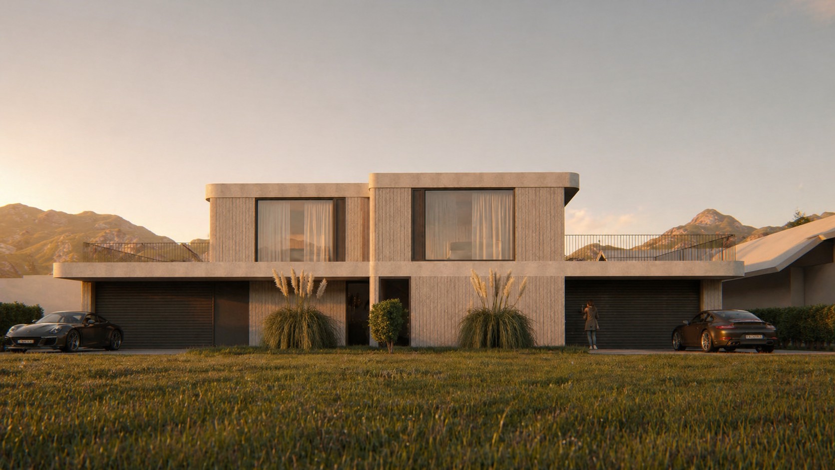 Visualisierung Doppelhaus Möhlin, Gartenseite bei Abendstimmung