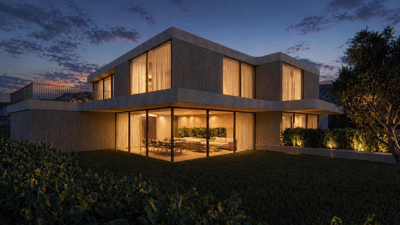 Visualisierung Doppelhaus Möhlin, Südfassade mit gedecktem Sitzplatz