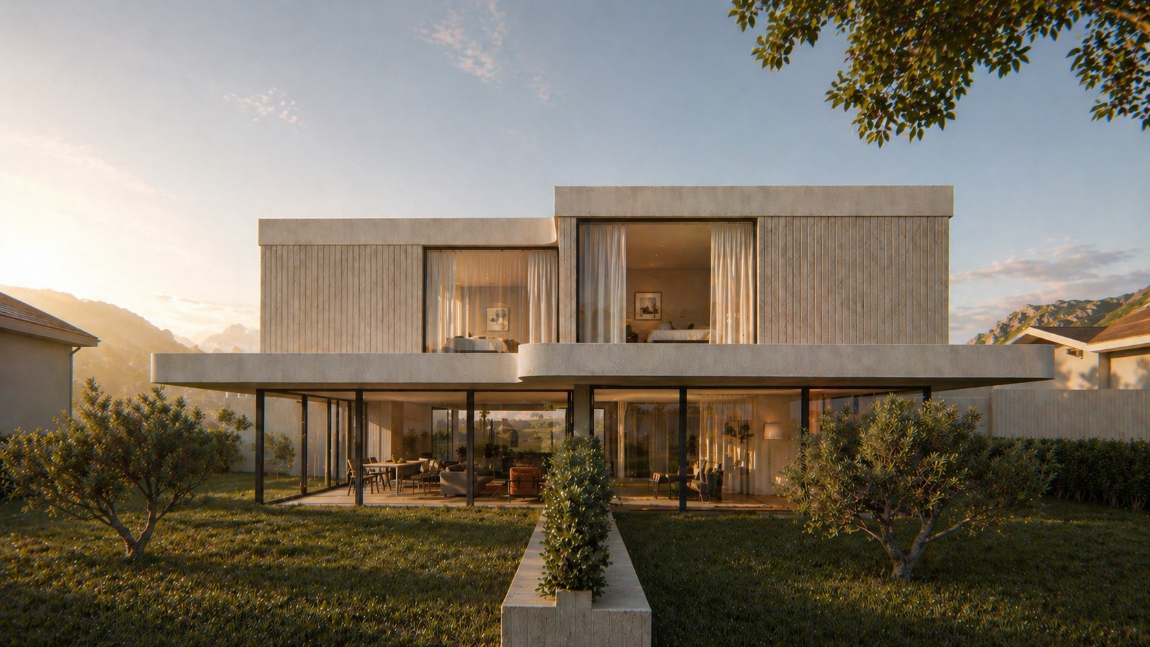 Visualisierung Doppelhaus Möhlin, Gartenseite in der Dämmerung