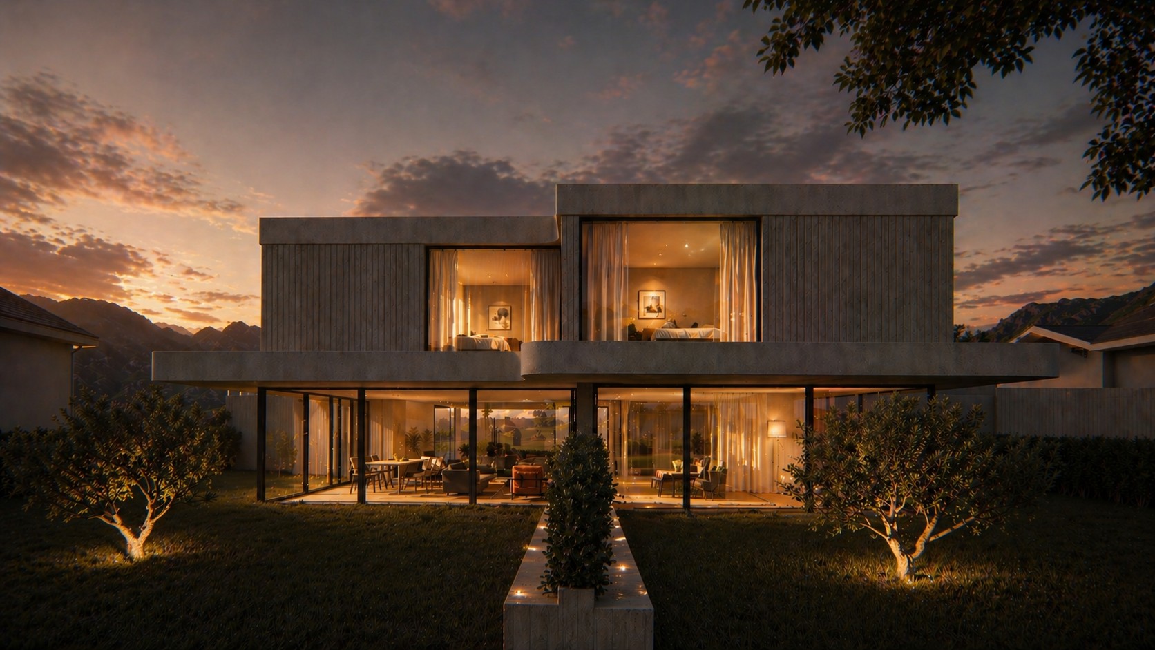 Visualisierung Doppelhaus Möhlin, Wohnräume bei Nacht