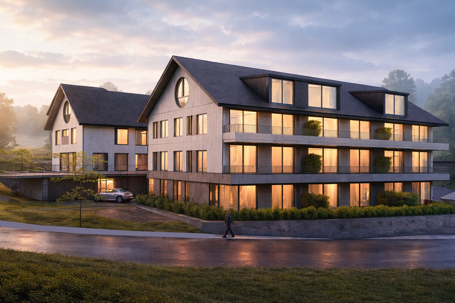 Visualisierung Birkingen, Giebelfassade mit rundem Fenster im Abendlicht