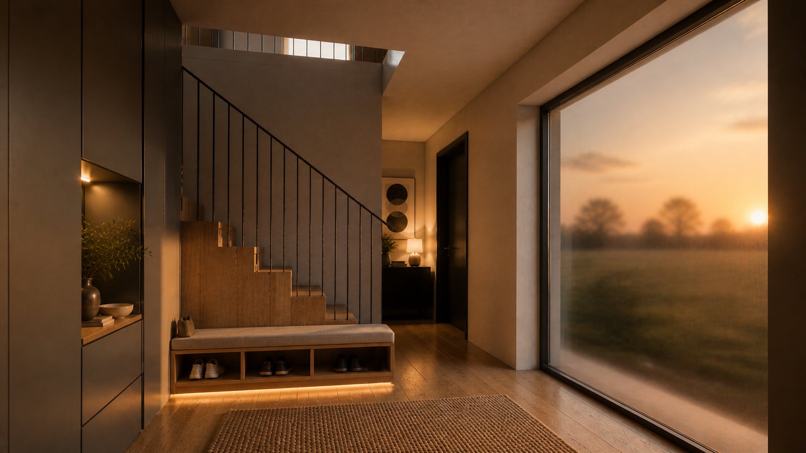 Visualisierung Birkingen, Eingangsbereich mit Treppe, Sitzbank und raumhohem Fenster