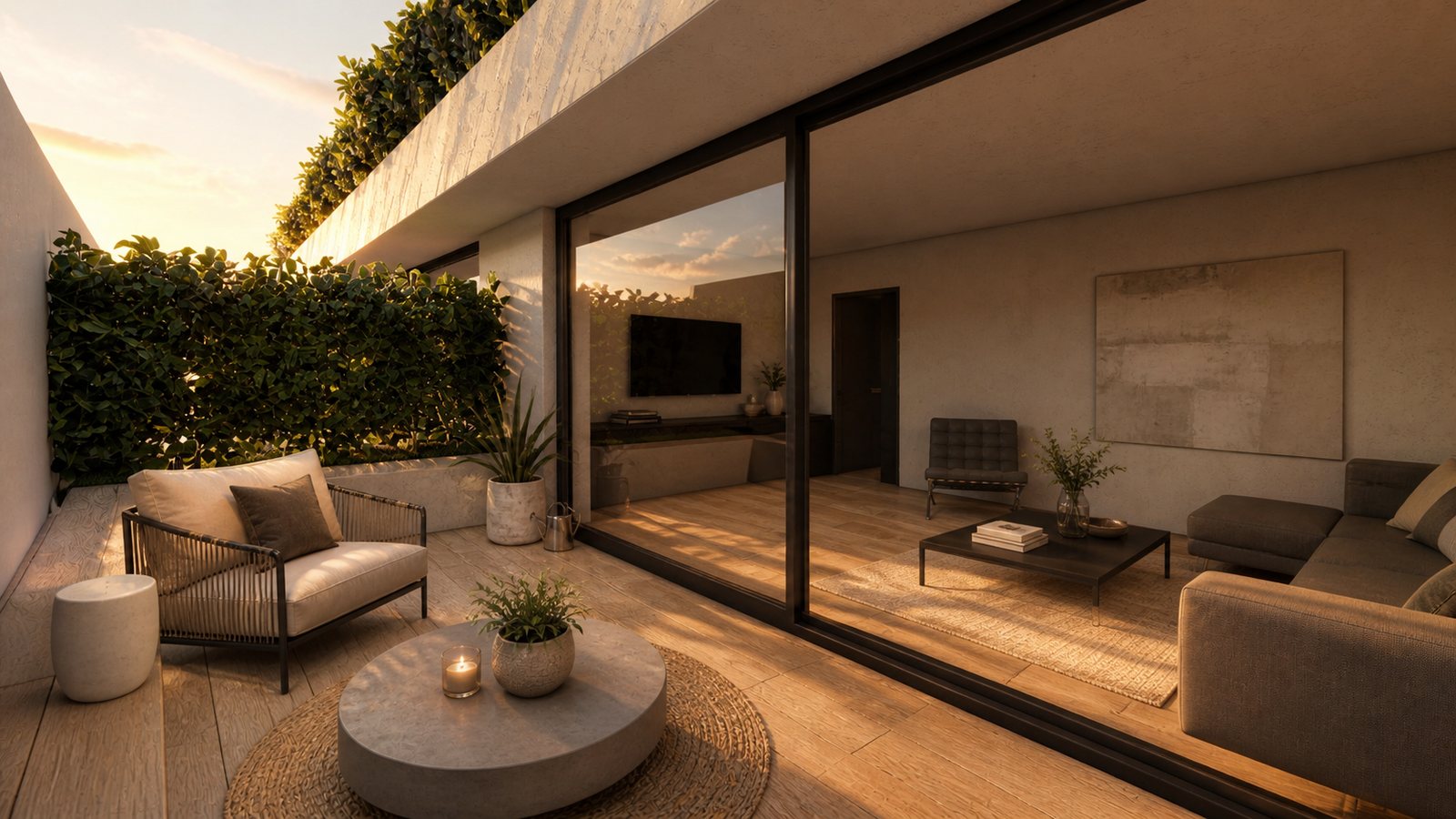 Visualisierung Birkingen, gedeckte Loggia mit Blick in den Wohnraum