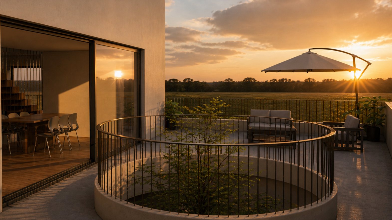 Visualisierung Birkingen, Dachterrasse mit rundem Pflanzbeet und Blick über die Felder
