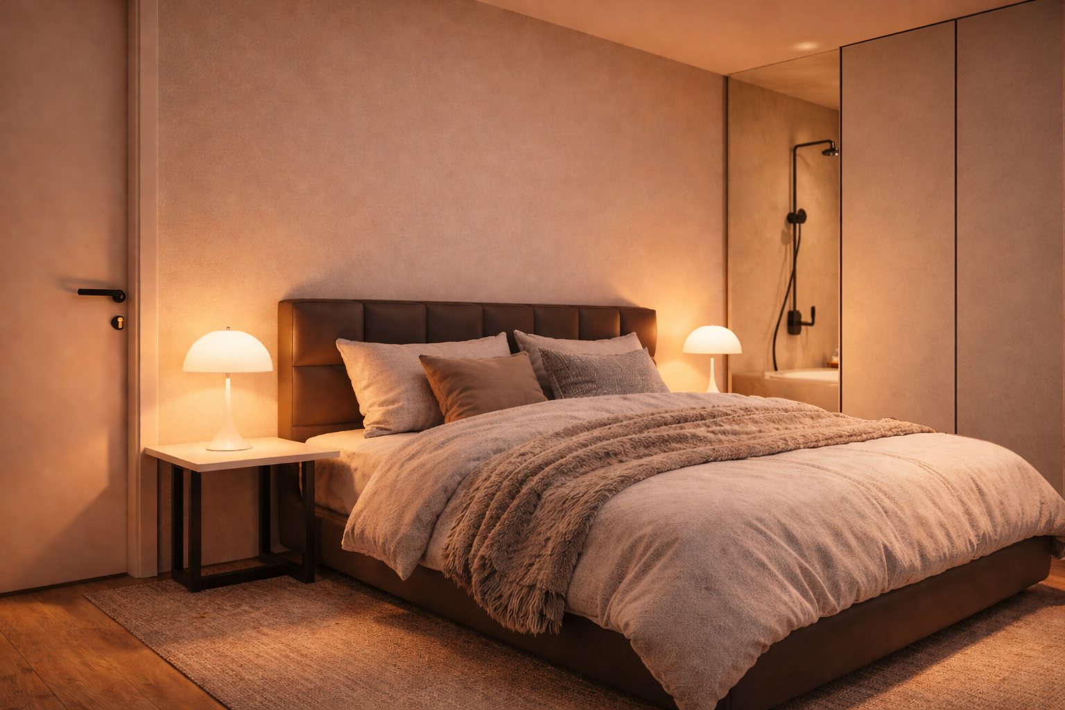 Visualisierung Birkingen, Schlafzimmer mit offenem Bad dahinter