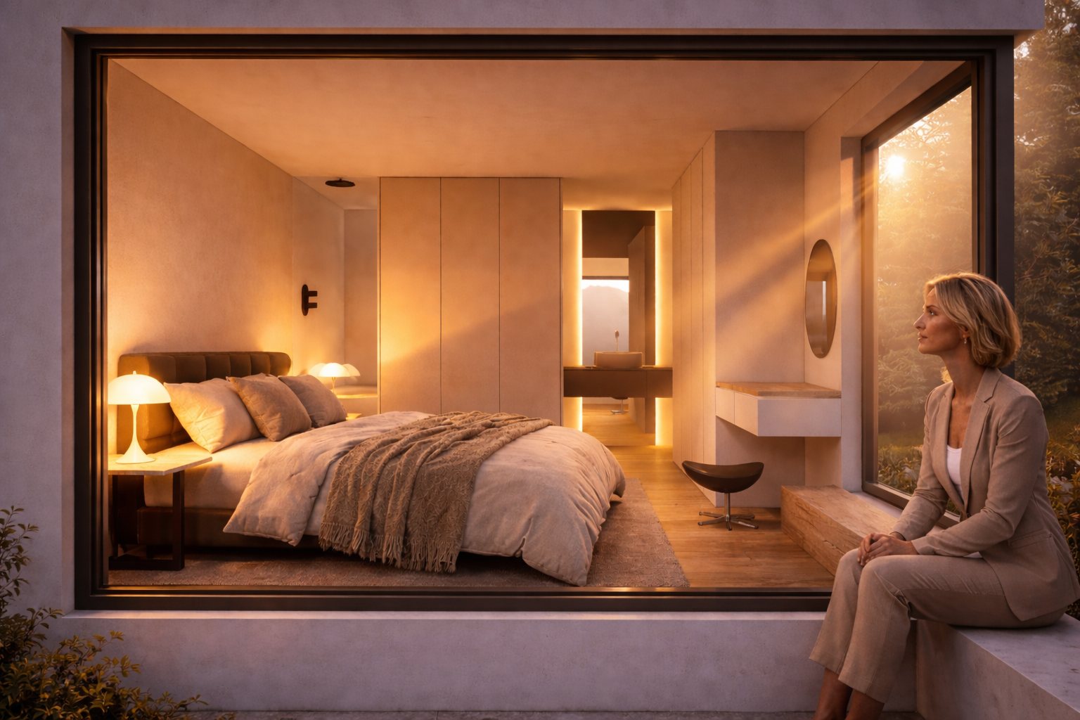Visualisierung Birkingen, Schlafzimmer hinter raumhohem Fenster in der Abenddämmerung