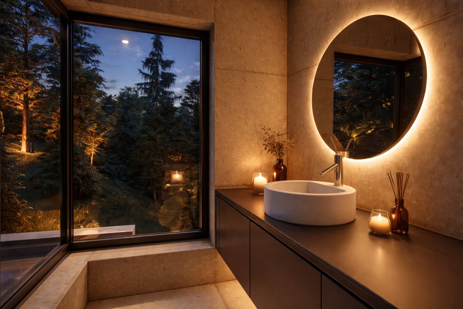 Visualisierung Birkingen, Badezimmer mit hinterleuchtetem Rundspiegel und Fenster zum Wald