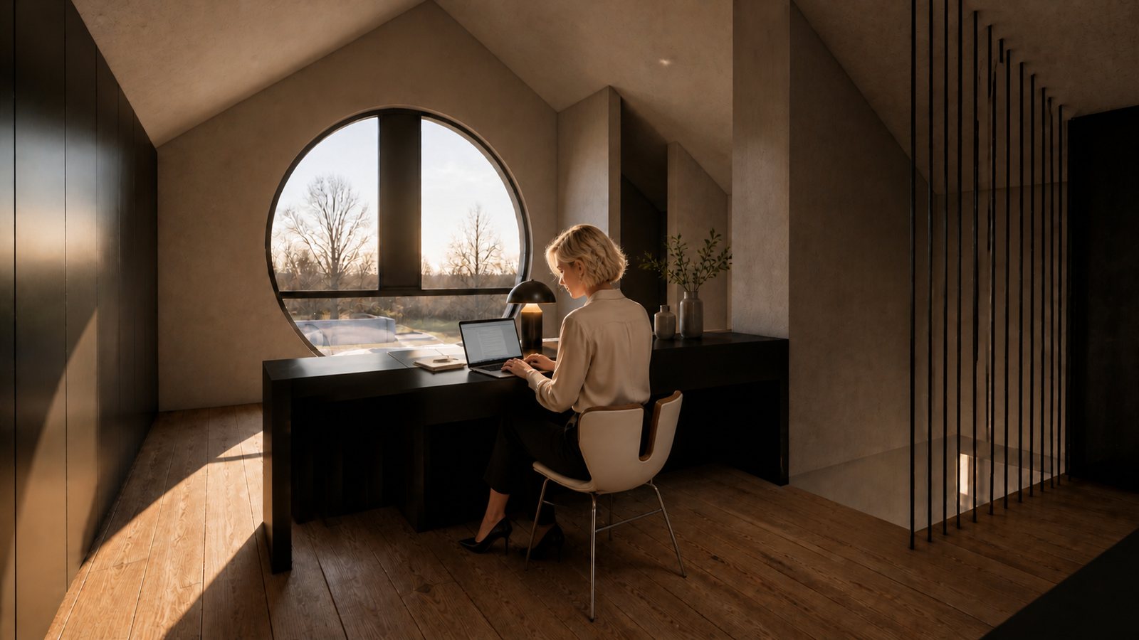 Visualisierung Birkingen, Arbeitsplatz im Dachgeschoss am runden Giebelfenster