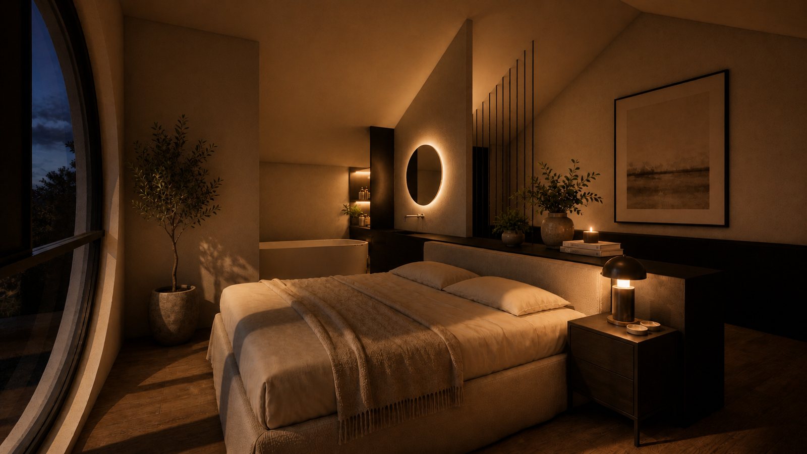 Visualisierung Birkingen, Schlafzimmer im Dachgeschoss am runden Giebelfenster